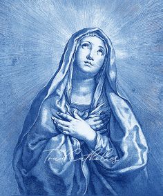 the virgin mary is depicted in this blue drawing