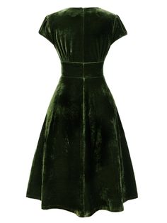 Green 1940s Deep V-Neck Pearl Velvet Dress | Retro Stage Green 50s Dress, 1940s Fancy Dress, 1940's Dress, Retro Stage, Pearl Details, Vintage Silhouette, Dress Retro, 1940s Dresses, 50s Dresses