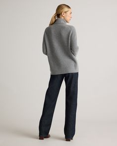 Coastal style gets cozy in our Mongolian Cashmere Fisherman Turtleneck Sweater. Crafted from Grade-A Mongolian cashmere, this plush turtleneck envelops you in warmth and softness, perfect for chilly days and cozy evenings. With a classic ribbed fisherman knit and perfectly slouchy fit, it's the quietly luxurious sweater that will elevate your fall-to-winter fashion game.  | Quince | Women's Mongolian Cashmere Fisherman Turtleneck Sweater in Heather Grey, Size Large Cashmere Turtleneck For Fall, Cozy Cashmere Turtleneck Top, Fall Outerwear With Funnel Neck, Cozy Fit Funnel Neck Outerwear For Fall, Cozy Cashmere Turtleneck With Ribbed Collar, Cozy Outerwear With Ribbed Funnel Neck, Cozy Soft Knit Funnel Neck Outerwear, Cozy Soft Knit Outerwear With Funnel Neck, Cozy High Neck Outerwear For Layering