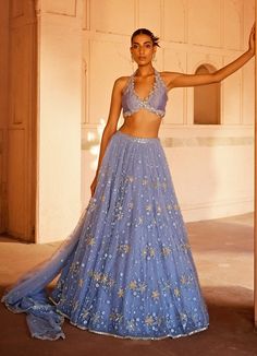 Powder Blue Applique Embellished Net Lehenga Set With Silk Halter Blouse Prevasu - Fabilicious Fashion Halter Neck Lengha, Halter Lengha Blouse, Sangeet Ghagra, Halter V Neck Blouse, Halter Neck Lengha Blouse, Halter Top Lehenga, Halterneck Saree Blouse, Wedding Lehnga For Bride Maid, Halter Neck Lehenga Blouse