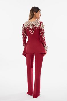 This cherry red self jamawar peplum is adorned with intricate zardoze and cutwork with delicately embellished 3D butteflies. The peplum is paired with rawsilk bootcut pants to complete the look. Elegant Peplum Set For Eid, Elegant Eid Peplum Set, Embellished Peplum Sets For Eid, Elegant Peplum Dress For Eid, Festive Embellished Peplum Set, Elegant Sequined Peplum Sharara, Elegant Sequin Peplum Sets, Wedding Peplum Sharara With Sequins, Wedding Sequin Peplum Sharara