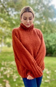 "This burnt orange mohair sweater is super soft and warm. It is hand-knitted with care from high-quality mohair wool. COMPOSITION * 100% hand knit * Soft mohair wool * Turtleneck collar  * Drop shoulders 🍁SIZE This sweater in the photos is suitable for those who wear M. Please check its dimensions below to understand if it fits your size. -Chest: 23.6\" (60 cm) -Length: 23.6 (60 cm) -Sleeve: 27.5\" (70 cm) from neck *The model in the photos is 170 cm/ 67\" and sized M. 🍁If you need a custom si Knitted Alpaca Turtleneck Sweater, Alpaca Turtleneck Sweater For Fall, Soft Knit Alpaca Sweater For Fall, High Neck Knit Sweater For Fall, Fall Chunky Knit Mohair Sweater, Mohair Chunky Knit Sweater For Fall, Fitted Mohair Turtleneck Sweater, Fitted Hand Knitted Turtleneck Sweater, Cozy Mohair Sweater For Fall