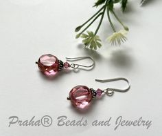 Pink Czech Glass Table Cut Earring with Swarovski Crystals in Sterling Silver Pink Faceted Beads Jewelry, Pink Jewelry With Faceted Round Beads, Faceted Round Bead Earrings As Gift, Faceted Beaded Earrings With Round Beads As Gift, Faceted Round Beaded Earrings As Gift, Pink Faceted Earrings For Jewelry Making, Pink Crystal Round Earrings For Gift, Elegant Pink Earrings With Faceted Beads, Elegant Pink Czech Glass Earrings