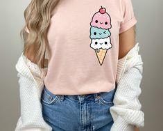 Ice Cream Shirt, Kawaii Ice Cream T-Shirt, Ice Cream Lovers T-Shirt, Ice Cream Tees, Ice Cream Lover, Summer Shirt, Cute Ice Cream Shirt Thank you so much for choosing us! How To Order 1️⃣ Please review all the information provided before placing an order. 2️⃣ Select the shirt type and size using the drop down menu. 3️⃣ Select the color of the shirt using the following drop down menu. 4️⃣ Once all your desired items are in your cart you may complete your order by entering your payment method, de Casual Spring T-shirt With Cute Design, Pink Crew Neck T-shirt With Cute Design, Cute Cartoon Print Crew Neck T-shirt, Cute Cartoon Print Tops, Kawaii Cute Crew Neck Tops, Cute Kawaii Crew Neck Top, Kawaii Crew Neck Top With Cute Design, Cute Pink T-shirt With Cartoon Print, Sweet Pink Tops With Cartoon Print