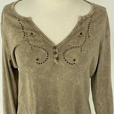 Tan Shirt With Gold Beading Around Neckline 100% Cotton Casual Embellished Fall Tops, Casual Embellished Tops For Fall, Casual Long Sleeve Embellished Top, Spring Casual Embellished Tops, Casual Embellished Tops For Spring, Tan Shirt, New Directions, Color Pallets, Gold Beads