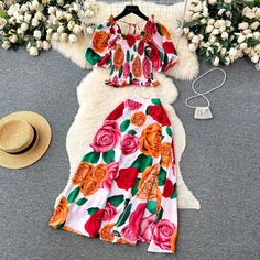 Floral Print Two-Piece Skirt and Top Set Long A Line Skirt, Middle Age Fashion, Bold Floral Print, Puff Sleeve Crop Top, Skirt And Top Set, Summer Crop Tops, Woman Silhouette, Long Crop Top, Summer Fabrics