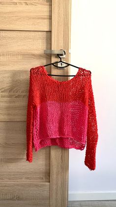 Fishnet Loose Top Pink and Red Beach Cotton Top Sloppy Knit | Etsy Poland Long Sleeve Knit Tops For Beach, Summer Knitted Pink Sweater, Red Cotton Tops For Layering, Pink Knit Sweater For Vacation, Trendy Pink Summer Sweater, Trendy Pink Sweater For Summer, Pink Knitted Cotton Sweater, Pink Knitted Crew Neck Top, Trendy Pink Beach Sweater