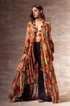 Shop for Ruhr India Red Silk Chinon Floral Print Jacket for Women Online at Aza Fashions Floral Print Jacket, Printed Jacket, Color Block Jacket, Floral Jacket, Gold Silk, Jacket For Women, Fabric Silk, Sleeve Jacket, Red Silk