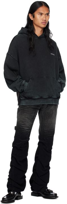 French terry and cotton jersey hoodie. Fading and raw edges throughout. · Paneled construction · Logo embroidered at chest · Kangaroo pocket · Rib knit hem and cuffs · Dropped shoulders · Cutout and rib knit trim at back collar · Graphic printed at back · Logo embroidered at back hem Supplier color: Black Construction Logo, Nike Sports, Grey Hoodie, Raw Edge, Logo Embroidered, Black Hoodie, Black Nikes, Kangaroo Pocket, Drop Shoulder