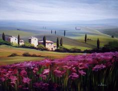 an oil painting of lavender flowers in the foreground and rolling hills in the background