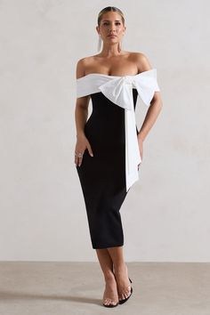 You Wish Black Bodycon Bandeau Midi Dress With Oversized White Bow – Club L London - USA Matching Black And White Party Dresses, Black And White Dress Off The Shoulder, Graduation Dress University Classy White, White And Black Birthday Dress, Cute Black Dresses Long, Dinner Dress Classy Midi, White And Black Dress Classy, Formal Dresses For Graduation, Black Dress With White Bow