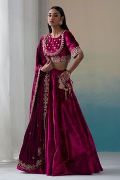 Fuchsia velvet hand embroidered placement bird motif zardozi work lehenga with side pockets. Paired with zardozi embroidered choli with sequins work and embroidered organza dupatta.
Component: 3
Pattern: Hand embroidered
Type Of Work: Zardozi work
Neckline: V neck
Sleeve Type: Three quarter
Fabric: Velvet, Organza
Color: Pink
Other Details: 
Zardozi embroidered cuffs
Side tassel lehenga
Occasion: Sangeet, Wedding - Aza Fashions V Neck Lehenga, Blouse Lehenga, Velvet Lehenga, Zardozi Work, Indian Outfits Lehenga, Work Lehenga, Dresses Traditional, Indian Dresses Traditional, Lehenga Blouse