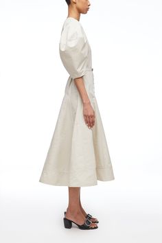 Puff Sleeve Belted Godet Midi Dress – 3.1 Phillip Lim Godet Dress, Half Sleeve Dresses, Poplin Dress, Crewneck Dress, Winter Dresses, Cotton Poplin, Waist Belt, Puff Sleeves, Half Sleeves