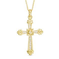 A lovely reflection of her faith, this budded cross is a thoughtful gift. Crafted in warm 14K gold, this sectioned design features diamonds at the center and along the arms. Radiant with 1/4 ct. t.w. of diamonds and a bright polished shine, this cross suspends along an 18.0-inch cable chain that secures with a spring ring clasp. Zales Zales, Cross Necklace Gold, Gold Necklace For Men, Diamond Cross Necklace, Cross Charm Necklace, Symbolic Jewelry, Gold Cross Necklace, Diamond Cross Pendants, Diamond Cross