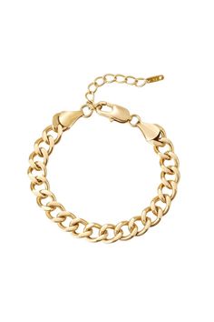 This classic link chain bracelet is 18K gold plated on durable stainless steel. An elegant and timeless option, the link chain bracelet is perfect for everyday wear. Modern Cuban Link Bracelet With Chunky Chain, Classic Chunky Chain Bracelet, Modern Chunky Cuban Link Bracelet, Trendy Stainless Steel Chain Bracelet With Gold Chain, Classic Cuban Link Bracelet With Chunky Chain For Everyday, Trendy Stainless Steel Gold Chain Bracelet, Classic Chain Bracelet With Solid Link Construction, Classic Chain Bracelet With Chunky Oval Links, Classic Chunky Chain Bracelet With Oval Links