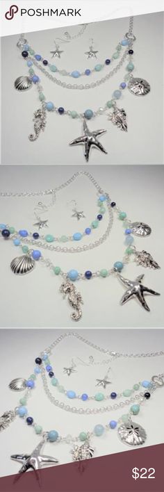 NAUTICAL AQUA & BLUE SEA LIFE NECKLACE & EARRINGS This beautiful Rhodium Nautical Starfish Seashell Aqua And Blue Beads Sea Life layered necklace and earrings set features aqua, blue and rhodium beads with the rhodium sea horse, seashells, sand dollar and starfish charms as well as aqua and blue beads and bluish pearls. The silver tone necklace is 20 inches long with a 2 inch extender to 22 inches and has a lobster claw clasp for a secure fit on your neck. The starfish pendant measures 1 1/2 inc Ocean-inspired Beaded Jewelry, Blue Starfish Charm Jewelry For The Beach, Bohemian Blue Starfish Charm Jewelry, Adjustable Blue Jewelry With Starfish Charm, Bohemian Blue Jewelry With Starfish Charm, Blue Multi-strand Metal Jewelry, Blue Multi-strand Jewelry With Dangling Beads, Blue Necklaces With Starfish Charm And Round Beads, Blue Metal Jewelry For Beach