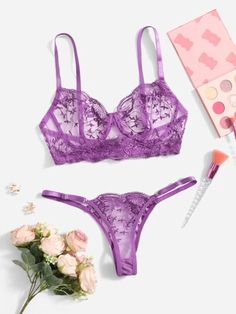 Embroidered Mesh Underwire Lingerie Set | SHEIN USA Cheap Green Lace Bra, Affordable Purple Sleepwear With Lace Trim, Purple Bra, Bra Materials, Purple Lingerie, Lingerie Catalog, Purple Collar, Rose Embroidery, Bra Types