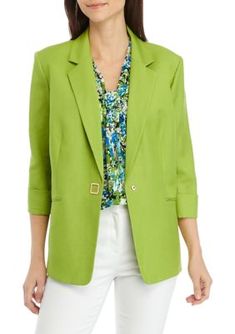 A sharp addition to your favorite formalwear, this solid jacket from Kasper is finished with 3/4 sleeves and a notch collar. | Kasper Women's Linen Blend Square Snap Suit Jacket, 14 Chic Career Blazer For Spring, Chic Spring Career Blazer, Single-button Career Blazer For Spring, Spring Business Blazer With Notched Lapel, Spring Tailored Career Blazer, Classic Spring Career Blazer, Classic Formal Outerwear With 3/4 Sleeves, Spring Notched Blazer For Business Casual, Spring Career Blazer In Solid Color