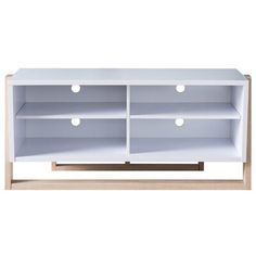 a white entertainment center with three drawers and two shelves on one side, in front of a white background