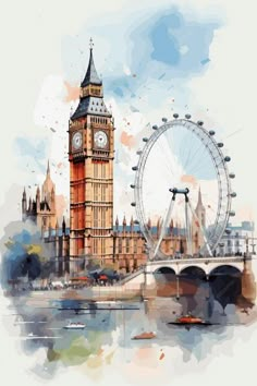 the big ben clock tower towering over the city of london in england, painted with watercolors