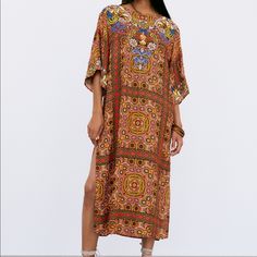 New With Tags Retails For $119 Style 7521/073 Midi Tunic Dress Wide Neckline Side Slits At Hem Below The Elbow Sleeves Embroidery And Bead Applique Detail Outer Shell: 52% Viscose - 35% Linen - 13% Modal Embroidery - 78% Polyester - 22% Cotton Summer Baroque Print Dresses, Summer Silk Embellished Embroidered Dress, Embroidered Silk Maxi Dress, Bohemian Silk Dress With Embroidery, Spring Tunic Dress With Side Slits, Summer Embellished Orange Dresses, Embellished Orange Summer Dresses, Orange Embellished Summer Dress, Zara Bohemian Red Midi Dress