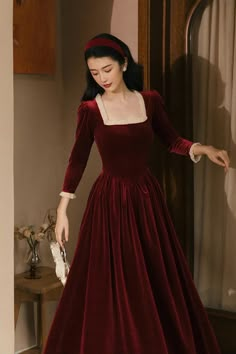 Even princesses get cold when the temperature drops. Maintain your stature and silhouette in this velvet dress that features a square neckline, 3/4 length sleeves, both adorned with frilly details, basque waistline and twirly midi skirt. Matches perfectly with a corset to further accentuate your figure. Opens easily with a concealed side zipper and fabric has stretch. S: 33" chest, 26.5" waist, 43" lengthM: 34.5" chest, 28" waist, 43" lengthL: 36" chest, 29.5" waist, 43.5" lengthXL: 37.5" chest, Velvet Vintage Dress, Velvet Dress Formal, Purple Velvet Dress, Vintage Velvet Dress, Dinner Dresses, French Dress, Formal Wear Dresses, Red Velvet Dress, Velvet Midi Dress