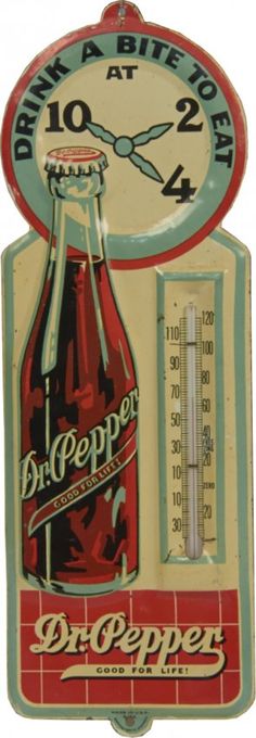 an old style sign with a thermometer in front of it that says dr pepper's