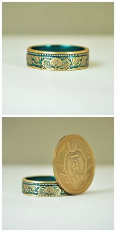 "1938 Japanese 1 Sen Coin Ring w/Turquoise nanoceramic: - Glowing Brass Coin Ring - Your choice of Nano Ceramic Color. (see the second photo) - Comes in a cute box ready for gift giving. - Made to order, just for you. These rings are handcrafted using a rare brass Japanese One Sen Coin. Issued only in 1938 they feature a beautiful wave and cherry blossom design that will be on the outside of the ring. The inside of the ring features the date and issuing authority in Japanese script. You can see Vintage Open Enamel Ring For Gift, Vintage Enamel Open Ring Gift, Vintage Green Enamel Ring For Gift, Green Vintage Enamel Ring For Gift, Vintage Green Enamel Ring Gift, Turquoise Enamel Ring As Gift, Turquoise Enamel Ring Gift, Unique Patina Rings As Gift, Handmade Vintage Enamel Ring