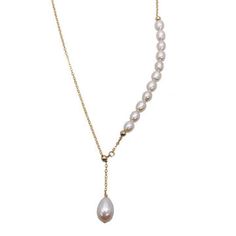 Freshwater Pearl Gold Chain Necklace | Red Retro Jewelry Elegant Gold-plated Pearl Necklace With Chain, Elegant Red Single Strand Pearl Necklace, Elegant Gold-tone Pearl Drop Necklace, Elegant Gold-tone Pearl Chain Necklace, Delicate Drop-shaped Pearl Necklace With Pearl Chain, Gold Pearl Necklace, Retro Jewelry, Freshwater Pearl Necklaces, Gold Chain Necklace