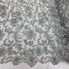 Silver Beaded Floral Embroidery Lace Fabric | iFabric Dress Modification, Night Gowns, Ice Skating Dresses, Silver Lace, Embroidery Lace, Skating Dresses, Hand Beading, Dresses Wedding, Ice Skating