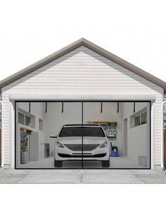 a white car is parked in front of a garage with the door open to show it's interior