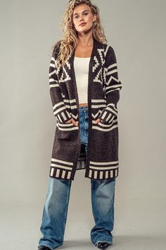 Oversized fit Pockets  No closure  One size Casual Fall Outerwear With Geometric Pattern, Bohemian Jacquard Knit Sweater For Fall, Bohemian Jacquard Knit Sweater, Fall Bohemian Jacquard Knit Sweater, Oversized Bohemian Sweater For Fall, Bohemian Jacquard Knit Outerwear For Fall, Bohemian Fair Isle Cardigan For Fall, Bohemian Fair Isle Pattern Cardigan For Fall, Oversized Bohemian Winter Sweater