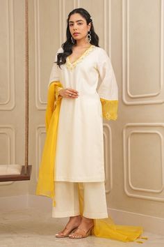 Off white straight kurta with floral thread, beads, sequins embroidery and cutwork hem detailing. Paired with solid palazzo and mustard yellow dupatta. - Aza Fashions White Kurta Set, Yellow Dupatta, Kurta And Palazzo, Thread Beads, White Kurta, Palazzo Set, Straight Kurta, Embroidery Floral, Sequins Embroidery