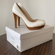 Round Toe 4’ Heels, Cream Color, Only Worn To Try On, New With Box. No Damage. Make An Offer Cream Leather Heels With 4-inch Heel, Calvin Klein Almond Toe Heels With 4-inch Heel, Cream Heels With Reinforced Heel For Office, Cream Almond Toe Heels For Office, Cream Almond Toe Court Shoes With Reinforced Heel, Beige Platform Heels For Office, Office Beige Platform Heels, Cream High Heel Court Shoes With Padded Heel, Cream High Heel Court Shoes With Sculpted Heel