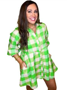 Plaid collared button up 3.4 sleeve mini dress featuring pockets at side. Unlined. Woven. Final Sale Mini Shirt Dress With Pockets For Daywear, Spring Green Mini Dress With 3/4 Sleeves, Spring Shirt Dress With Collared Neckline And Pockets, Collared Mini Dress With Pockets For Daywear, Spring Button-up Mini Dress For Daywear, Summer Long Sleeve Mini Dress With Pockets, Long Sleeve Mini Dress With Pockets For Summer, Mini Shirt Dress With Pockets For Day Out, Trendy Shirt Dress With Pockets For Day Out