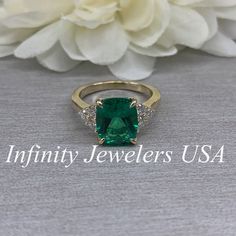 Ladies Emerald Ring, Elongated Cushion Cut Emerald Ring, Moissanite Ring, Engagement Ring, May Birthstone, 14k Gold Ring, #6650 #ElongatedCushion #BirthdayGift #CushionCut #MayBirthstone #EngagementGift #EmeraldCushionRing #EmeraldRing #BirthstoneRing #LadiesRing #TravelRing Formal Emerald Ring With Accent Stones For May Birthstone, Formal Emerald Jewelry With Accent Stones, Green Rectangular Stone Ring, Emerald Gemstone Rings For Anniversary, Rectangular Green Diamond Ring For Anniversary, Green Emerald Ring With Accent Stones For Wedding, Green Rectangular Diamond Ring For Anniversary, Classic Green Emerald Ring With Accent Stones, Green Emerald Rings With Accent Stones