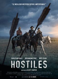 the movie poster for hostiles with three men riding horses in front of dark clouds