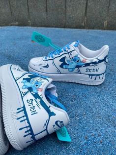 custom hand painted Nike air force 1. Stitch Older kids size uk1 --uk5.5  ￡158 Adults size uk2.5-uk12  ￡198 -100% Authentic & brand new in box; - Each pair is personally handmade, and painting with premium leather paint and topped with a finisher for extra protection; - Please ensure that you double check your size before ordering.  - For customized designs, feel free to leave us a message, We are willing to have your ideas done; Custom Made Nike Shoes, Cool Af1 Designs, Stitch Air Jordans, Stitch Air Force Ones, Costume Nike Shoes, Stitch Nike Shoes, Nike Air Force Painting Ideas, Stitch Custom Shoes, Custom Painted Shoes Nike