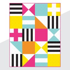 a colorful quilt with black, white, yellow and pink squares on it's sides