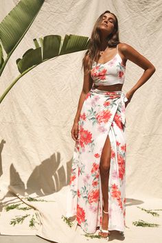 Chic Two-Piece Dress - Floral Print Dress - White Maxi Dress - Lulus Hawaii Fits, Resort Outfit Ideas, Vacation Clothes, Strap Dresses, Split Skirt, Hawaii Vacation, Dinner Dress, White Maxi, Vacation Dresses