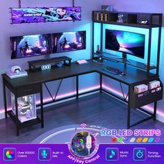 a computer desk with multiple monitors and games on it, in front of a purple background