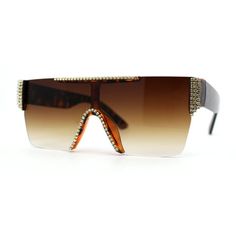 Retro throwback to 90s luxury gangster fashion, these timeless classic iconic hip hop rapper shades will bring back a hard edge to your look! Made with premium quality rhinestones, and oversized rimless rectangle shield silhouette plastic frame base to bring you the perfect combination of luxury and elegance. Made with composite plastic based frame, reinforced metal hinges, and 100% UV protected lenses. (a804) Lens Width: 58mm Bridge Width: 19mm Temple Length: 143mm Lens Height: 53mm Size: 5 3/4 Rectangular Brown Sunglasses For Party, Brown Rectangular Sunglasses For Party, Rhinestone Flats, Rimless Sunglasses, Prada Sunglasses, Trending Sunglasses, Flats Top, Timeless Classic, Tortoise