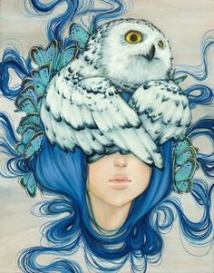 an owl sitting on top of a woman's head with blue hair and wings