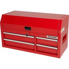 a red tool box with two drawers on the front and one drawer open to show it's contents