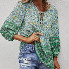 Traditional Print Front Strip Tie Blouse – My Comfy Blouse Woman Blouse Fashion, Skin Rashes, Bohemian Blouse, Blouses Designs, Bohemia Style, White Blouses, Bohemian Blouses, Casual Bottoms, Blouse Models