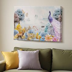 a painting on the wall above a couch in a living room with pillows and throw pillows