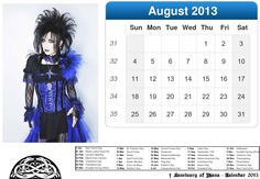 a calendar with an image of a woman dressed in blue and black, as well as the date for august 2013