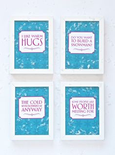 four framed pictures with words on them in pink and blue colors against a white background