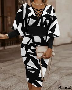 Color: blackwhite, Size: XL Club Party Dresses, Bodycon Dress With Sleeves, Neck Bodycon Dress, Body Con Dress, Printed Bodycon Dress, Long Sleeve Print Dress, Black Long Sleeve Dress, Hip Dress, Sleeve Dresses