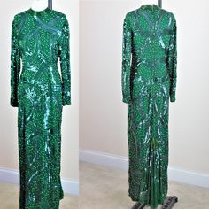 "Amazing gown by Judith Ann Creations. This is a wonderful Emerald Green Gown...fully beaded and oh so beautiful..with a kick pleat in the back..oh my Excellent!! Measuring: 57\" length Bust: 38\" Waist: 30\" Hip: 40\" Sleeves: 23\" Pet Free/smoke free Enjoy!" Emerald Green Gown, Sequined Gown, Elegant Ball Gowns, Sheath Gown, Green Gown, Kick Pleat, Ethnic Dress, A Line Gown, Long Gown